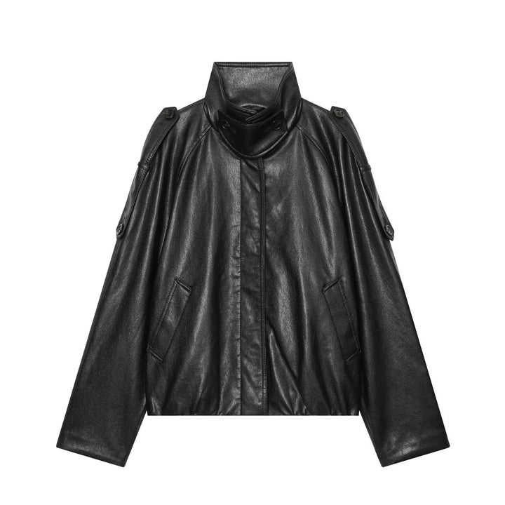 Women's short-cut leather look blouson jacket with high funnel collar, shoulder tabs and integrated patch pockets Amarae
