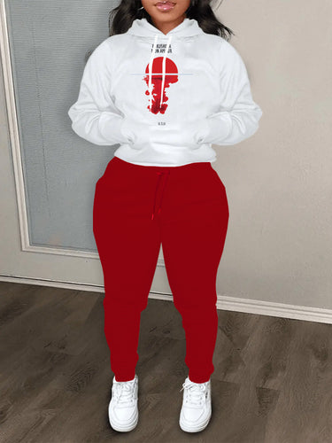 Ladies hoodie with creative print and jogger pants in urban chic style