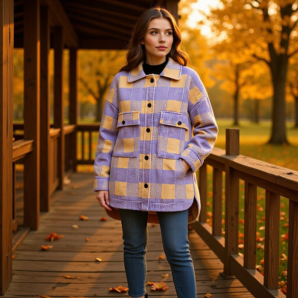 Women's Checked Oversized Transitional Jacket in Shacket Style Amarae