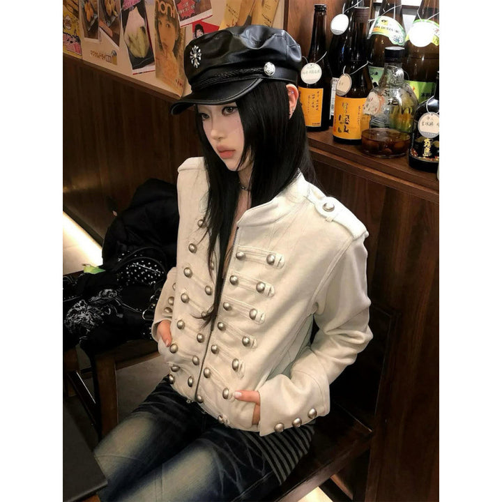 Women Short Military Inspired Jacket with Double Decorative Button Placket and Cuffs Amarae