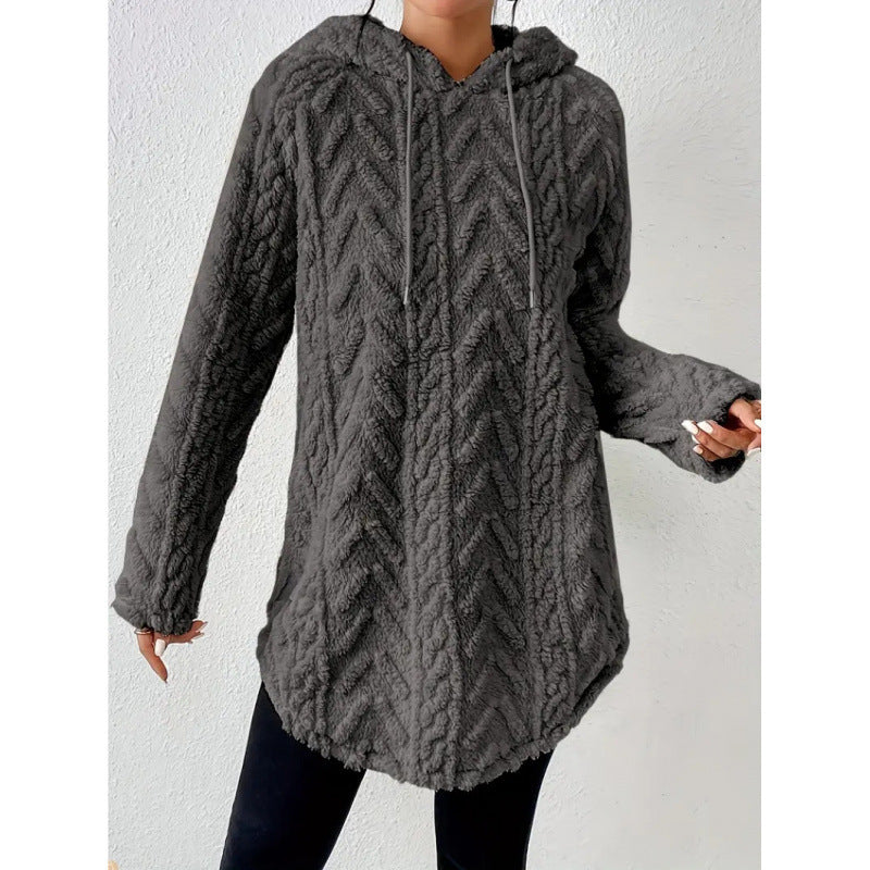 Women Cozy Teddy Hoodie with Cable Knit Pattern Drawstring and Rounded Hem Amarae