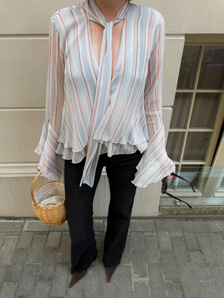 Women's Striped Chiffon Blouse with Tie Bow, Ruffled Hem & Bell Sleeves Amarae