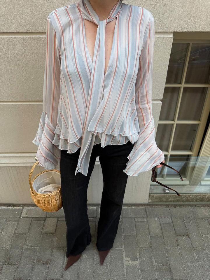 Women's Striped Chiffon Blouse with Tie Bow, Ruffled Hem & Bell Sleeves Amarae