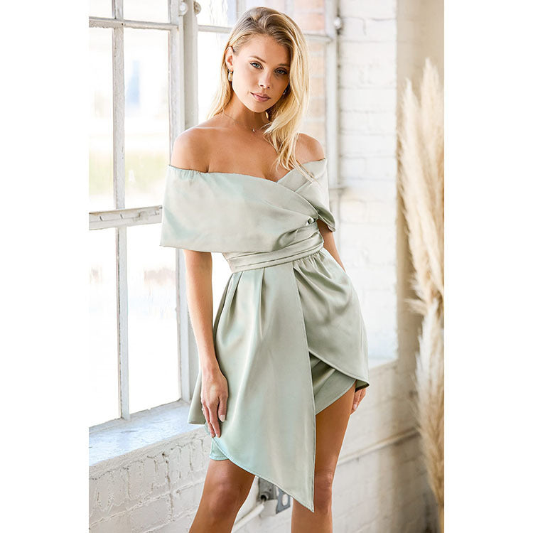 Ladies Elegant wrap dress with off-shoulder design and belt at the waist Lune London