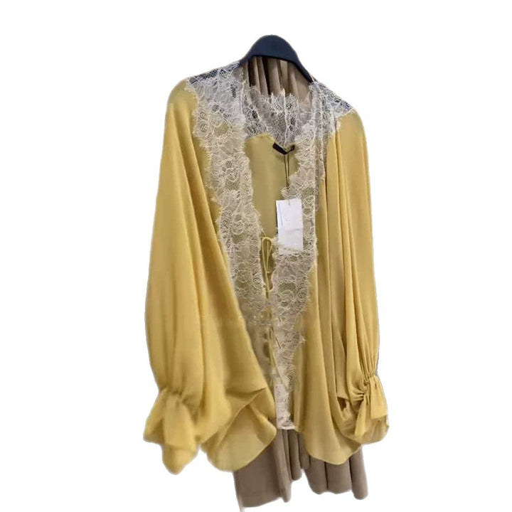 Women's blouse jacket with lace insert, deep V and balloon sleeves Amarae