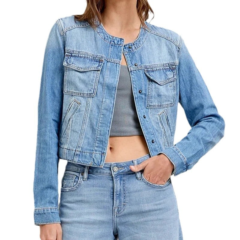 Women's denim jacket in a casual cropped cut with practical pockets and button details Lune London