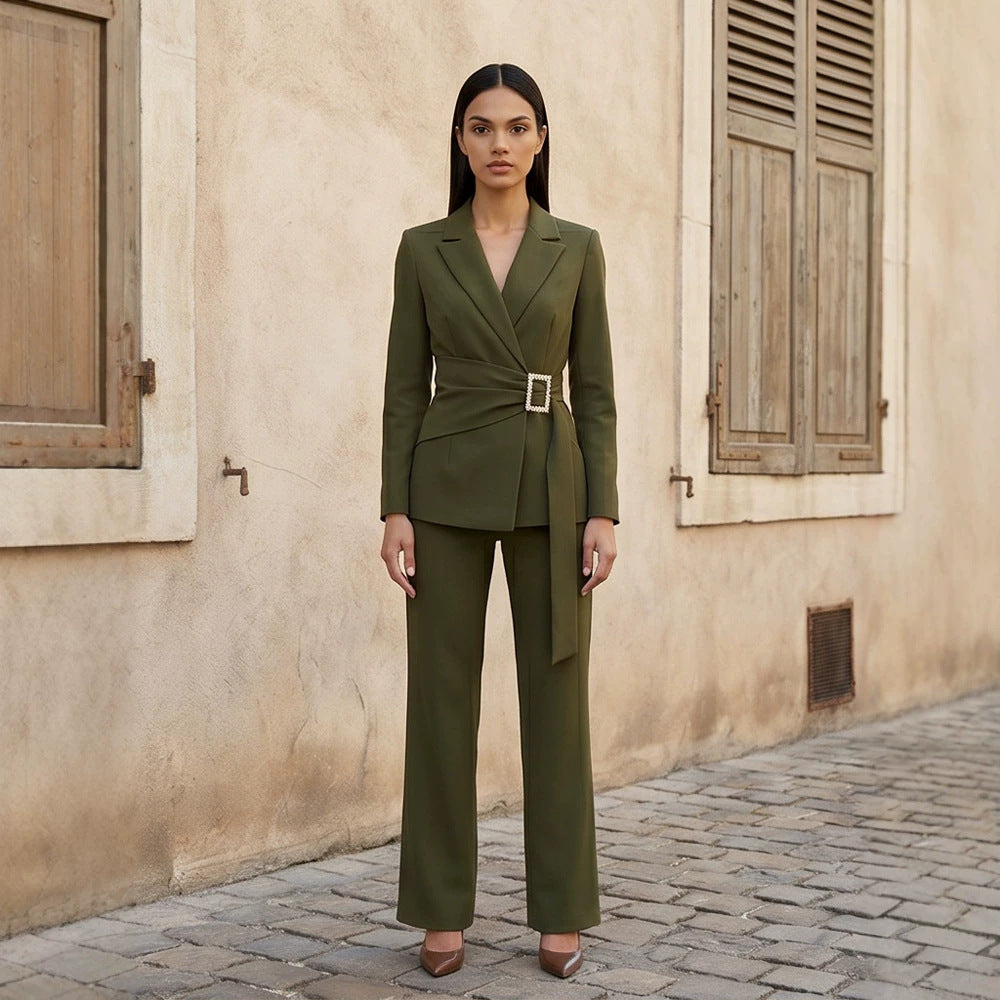 Ladies fitted wrap blazer with pearl belt buckle and slim suit trousers Amarae