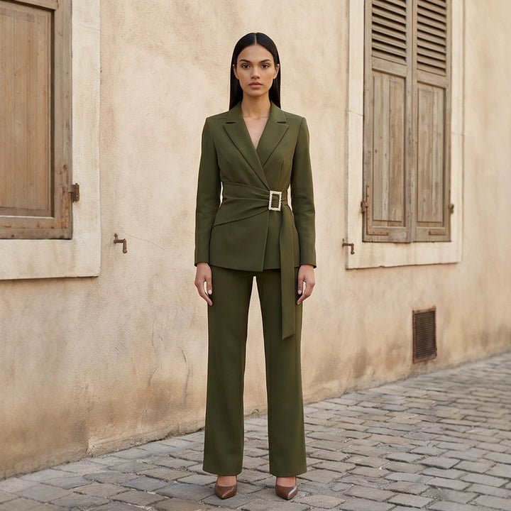Ladies fitted wrap blazer with pearl belt buckle and slim suit trousers Amarae