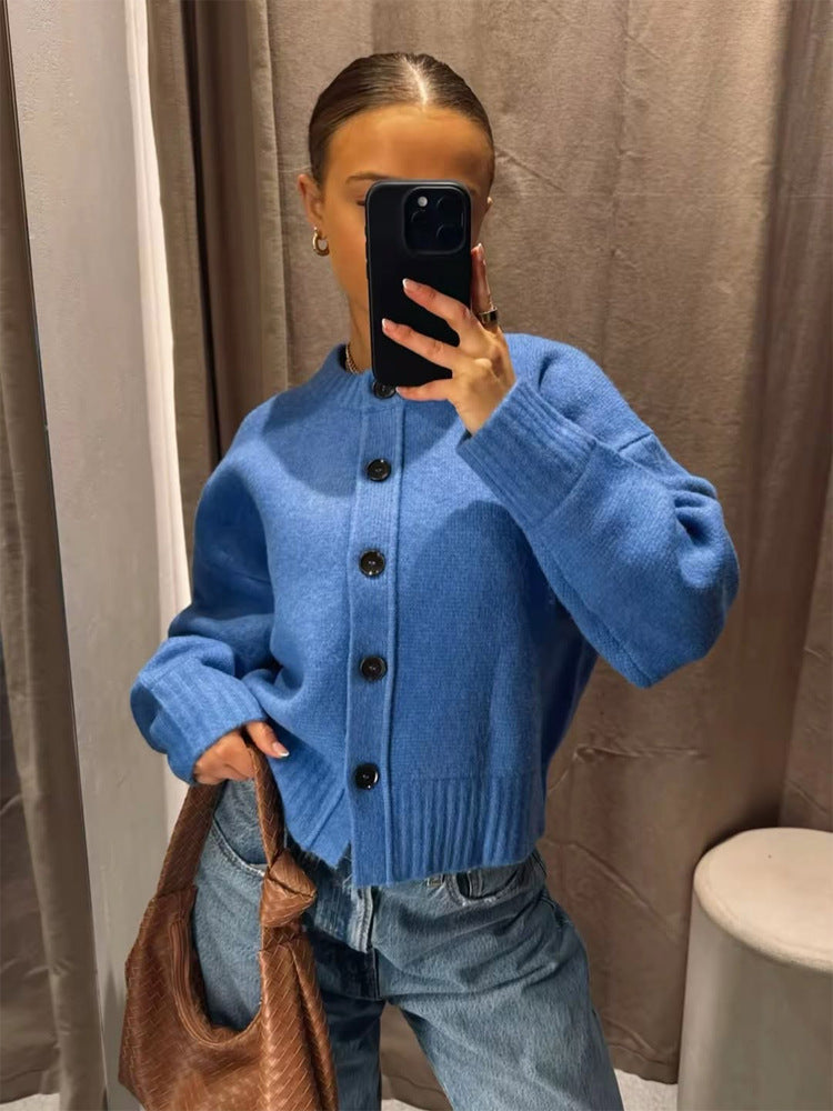 Women's Short Boxy Cardigan with Large Button Placket, Ribbed Hem & Volume Sleeves Amarae