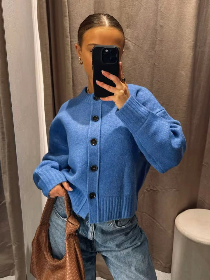 Women's Short Boxy Cardigan with Large Button Placket, Ribbed Hem & Volume Sleeves Amarae