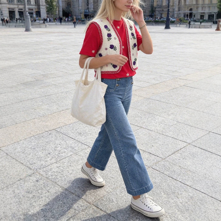 Women's Embroidered Short Waistcoat in Boho Chic with Floral Appliqués Amarae