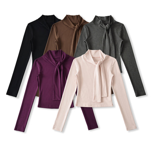 Long sleeve women’s t-shirt with an elegant wrap neckline and a feminine bow look Amarae