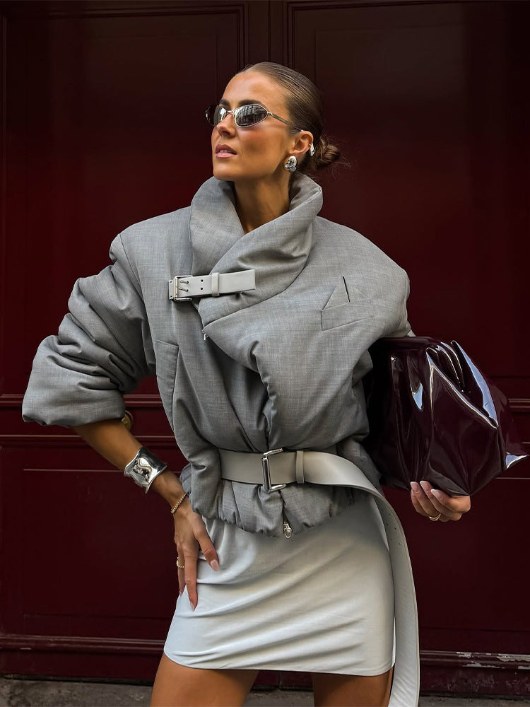 Women's padded oversized blazer with high shawl collar and waist belt Amarae