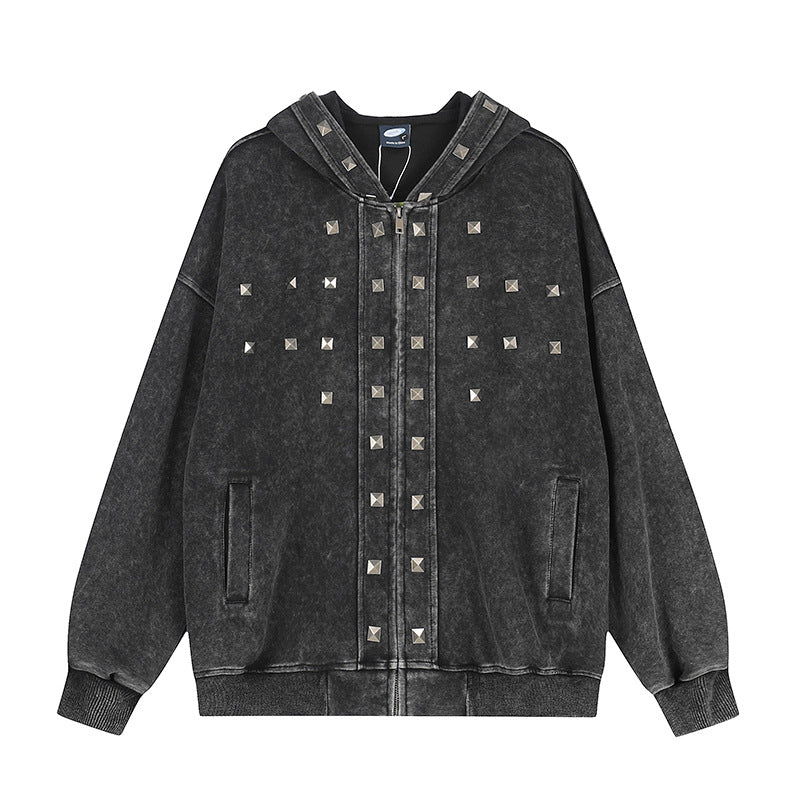Women Oversize Zip Hoodie with Vintage Wash and Pyramid Studs Amarae