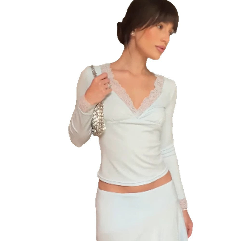 Women's Fitted Long Sleeve Top with Deep Lace V-Neck and Fine Cuffs Amarae
