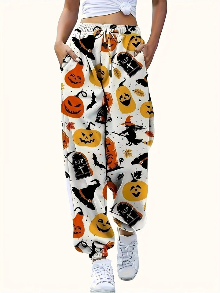 Casual pants for women with colorful Halloween pattern and elastic waistband Lune London