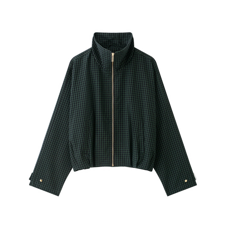 Women Checked Cropped Jacket with Stand-up Collar and Zipper Amarae