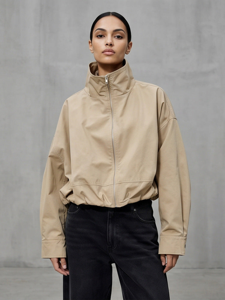 Women's Boxy-Cropped Windbreaker Jacket with High Standing Collar and Straight Hem Amarae