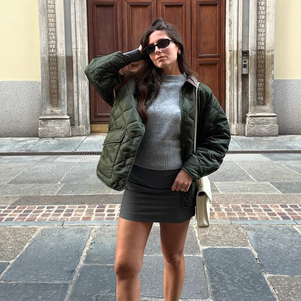 Women's quilted oversized jacket with cord collar, snap button closure and patch flap pockets Amarae