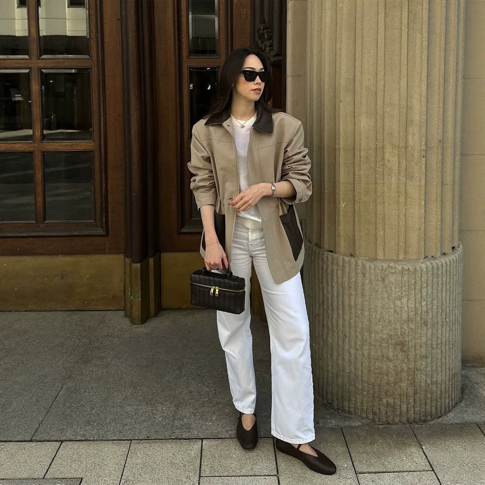 Women Boxy Field Jacket with contrast collar in leather look and appliqued pockets Amarae