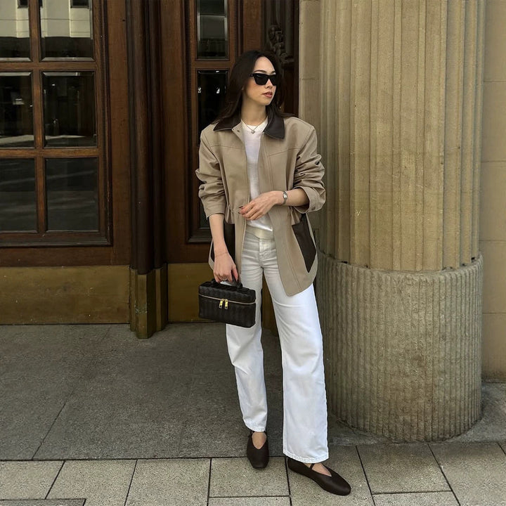 Women Boxy Field Jacket with contrast collar in leather look and appliqued pockets Amarae
