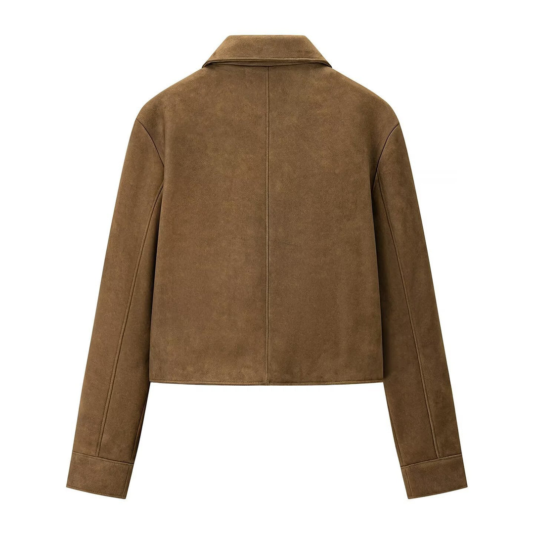 Women's short jacket made of suede leather with shirt collar and piped pockets Amarae