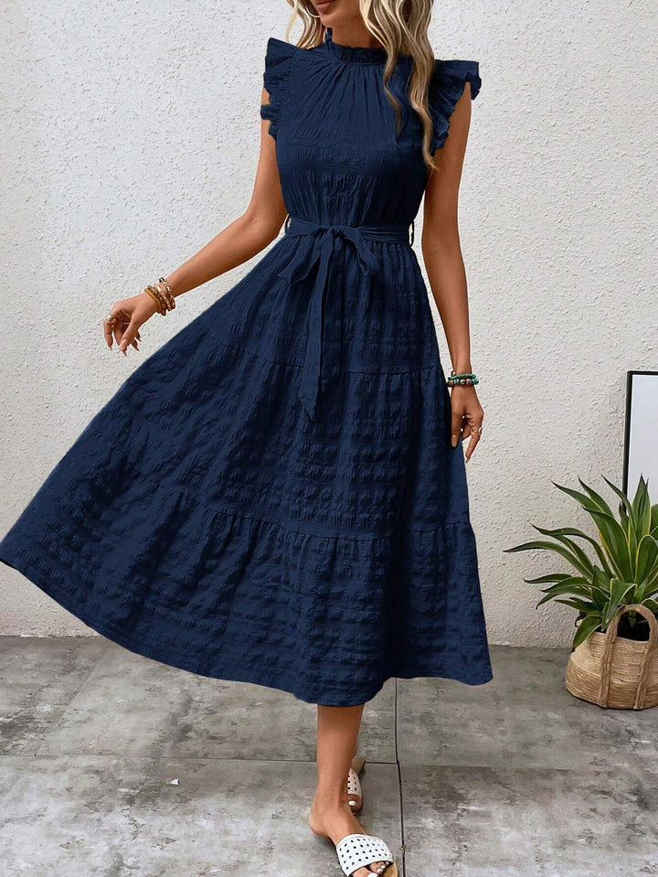 Midi dress for women with ruffled sleeves and belt at the waist Lune London