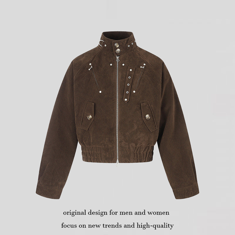Women's short suede bomber jacket with high stand-up collar and metallic details Amarae
