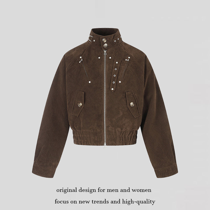 Women's short suede bomber jacket with high stand-up collar and metallic details Amarae