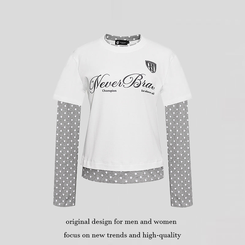 Women's Layered Long Sleeve Shirt with Polka Dot Inner Layer and Calligraphic Statement Print Amarae