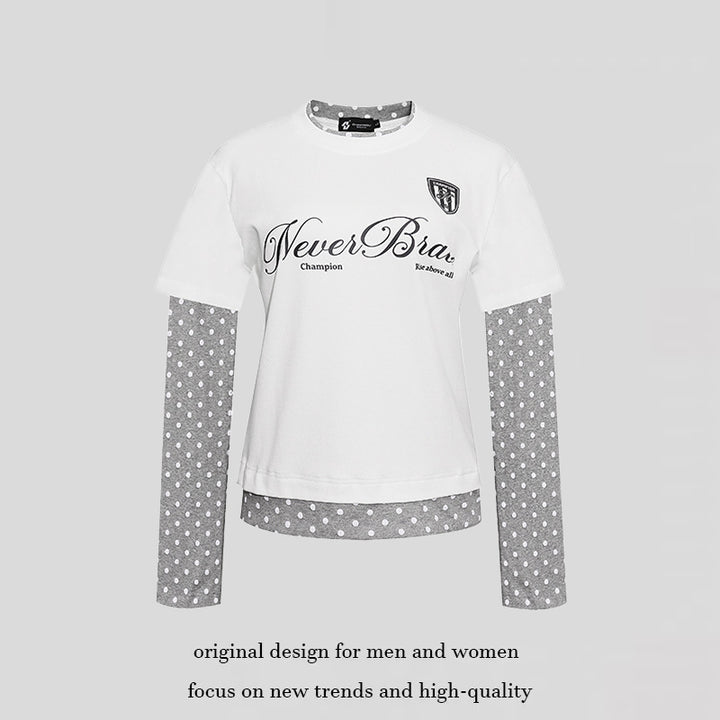 Women's Layered Long Sleeve Shirt with Polka Dot Inner Layer and Calligraphic Statement Print Amarae
