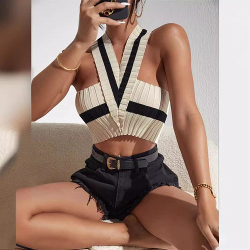 Amarae trendy striped pleated design women's crop top