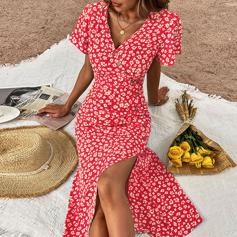 Floral button maxi dress for women with chic split top style