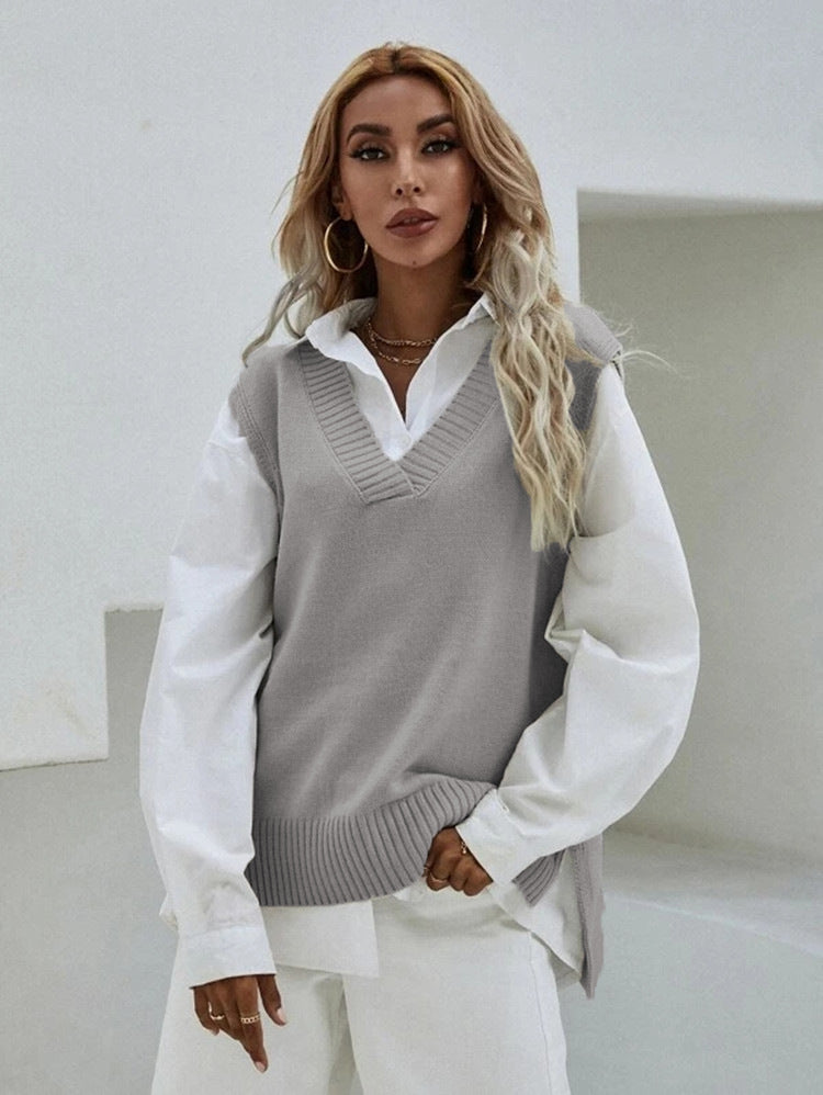 Knit vest for women with V-neck and ribbed edge Lune Londonl