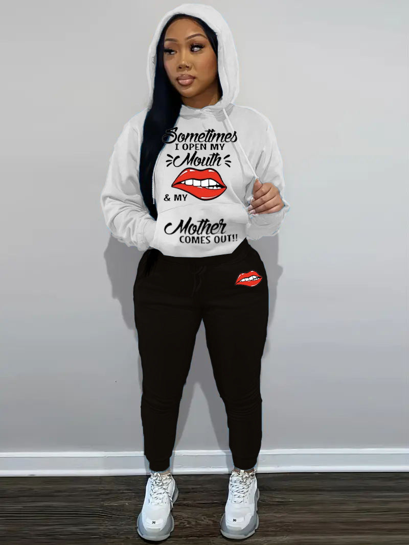 Women's hoodie and jogging set with creative lips pattern Lune London