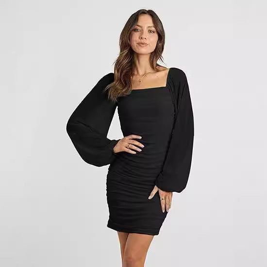 Ladies Elegant Mini Dress with Puff Sleeves and Chic Ruffled Design