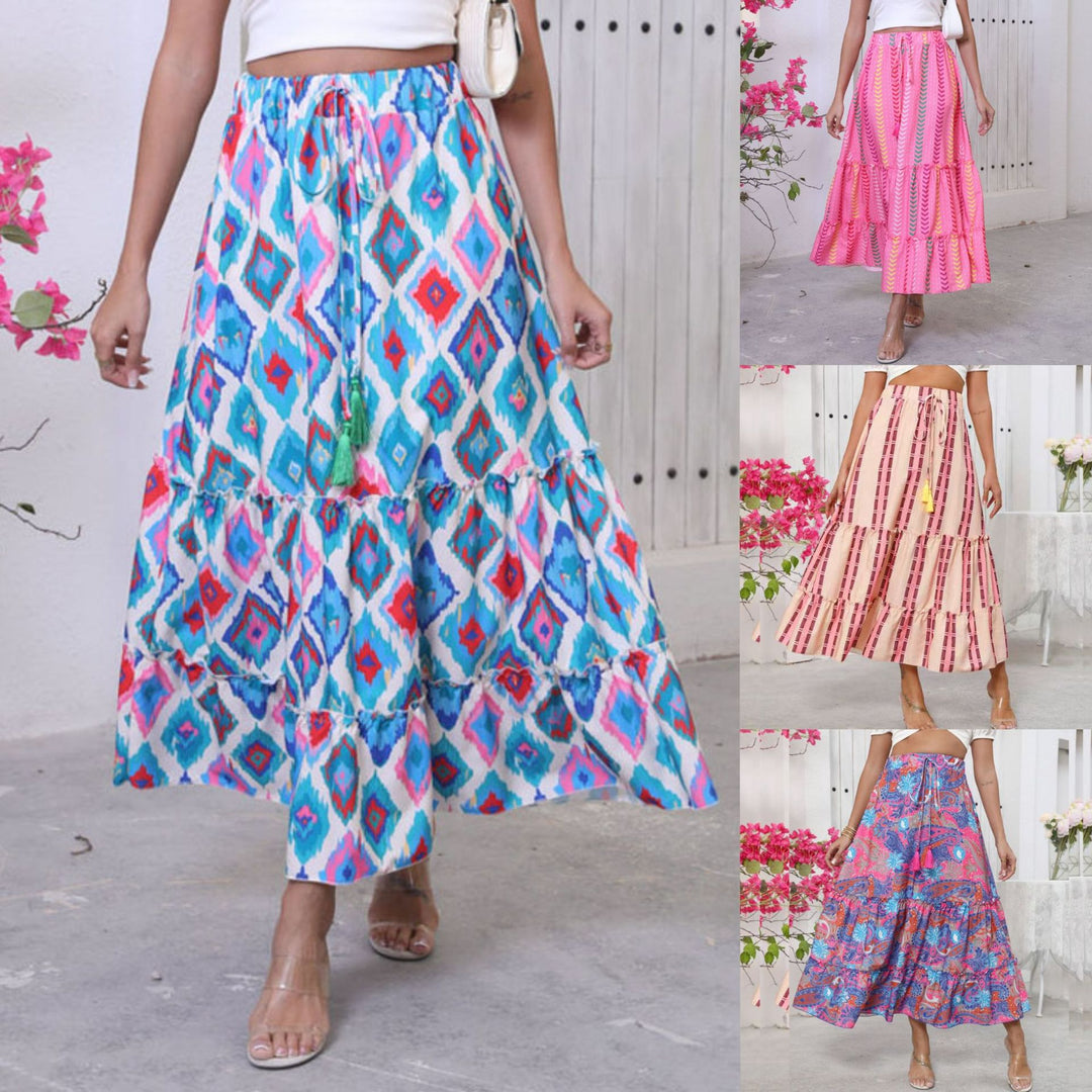 Long maxi skirt for ladies with a cheerful tiered design and elastic waistband Lune London