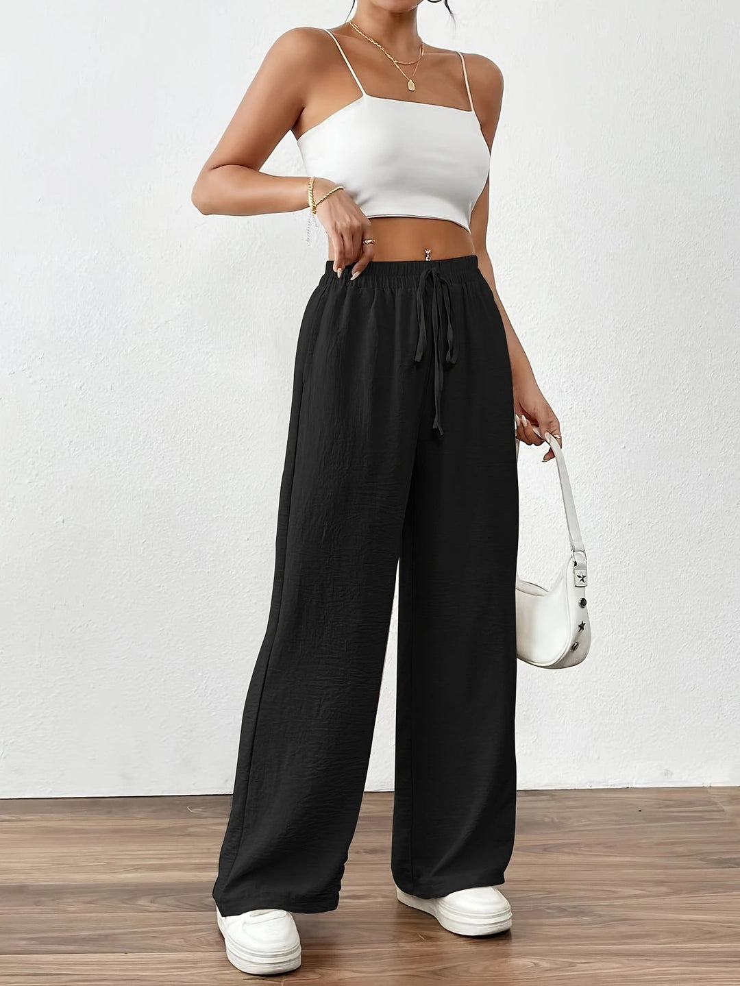 Wide Palazzo pants for women with elastic waistband and adjustable tie cord Lune London