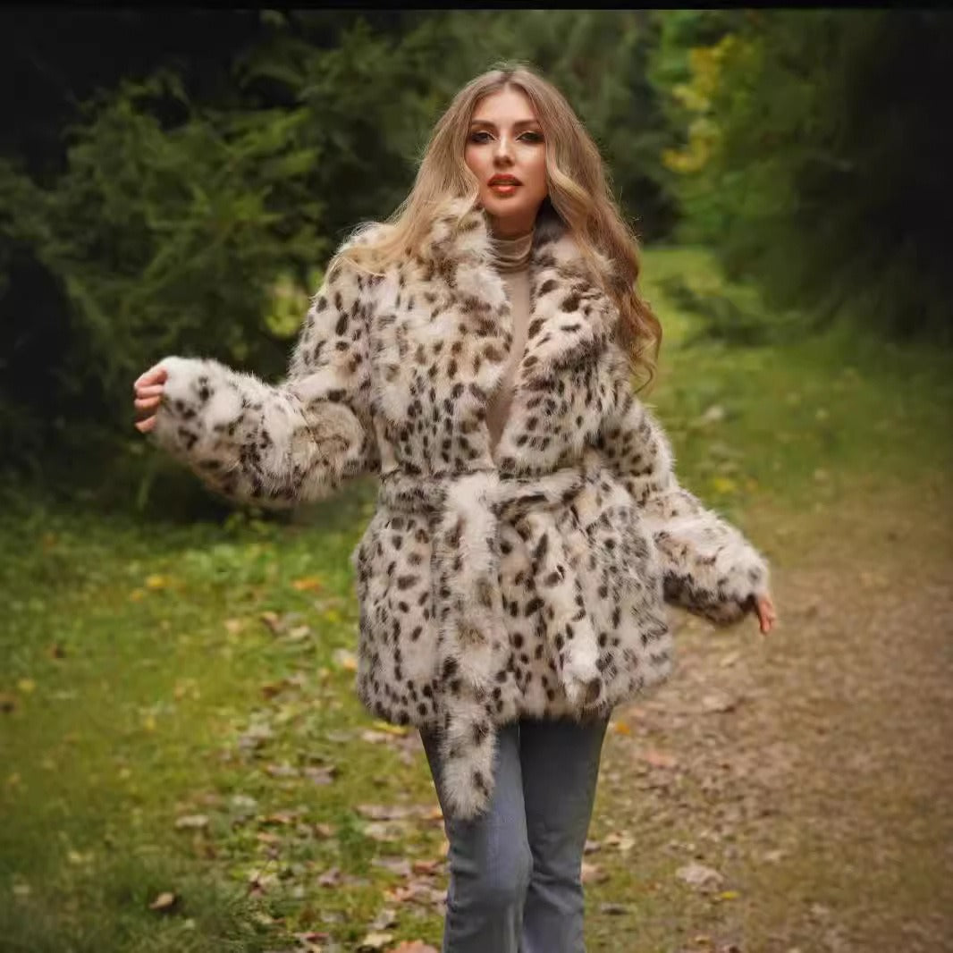Ladies Fashion Faux Fur Coat with Waist Belt Lune London