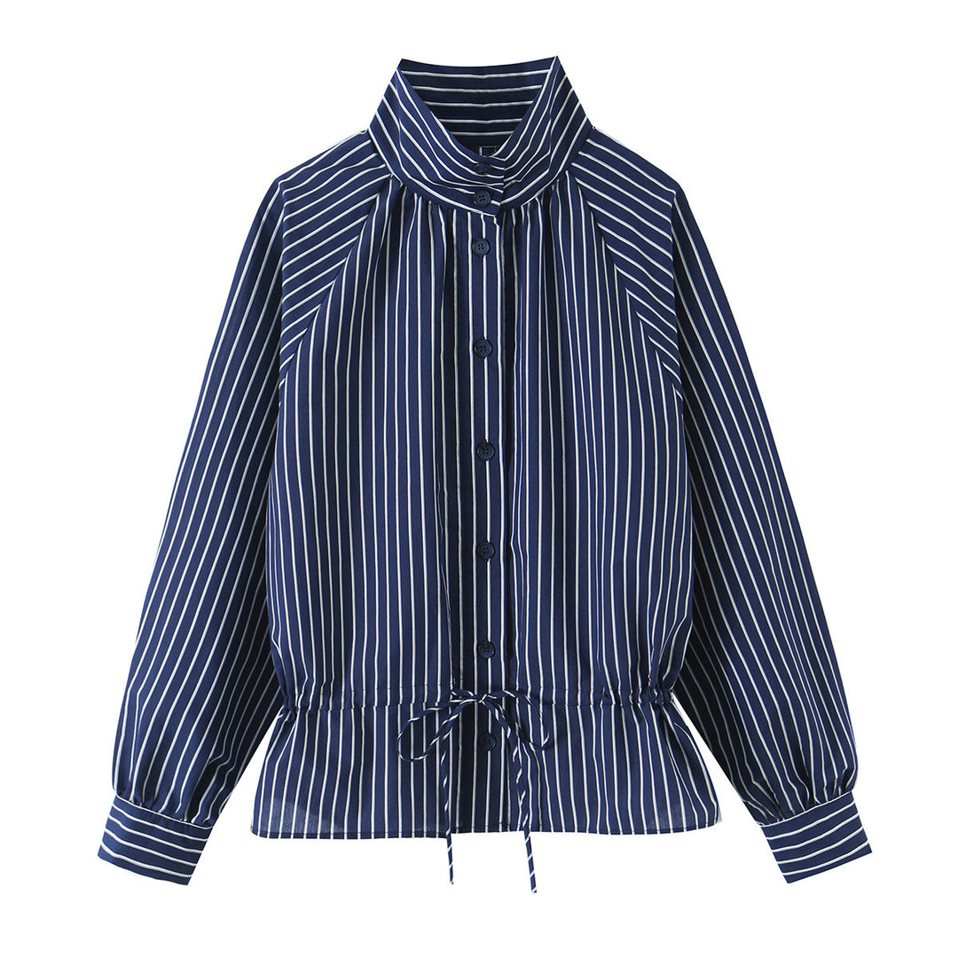 Women Striped Blouse with Stand Collar, Full Button Placket and Drawstring Waistband Amarae