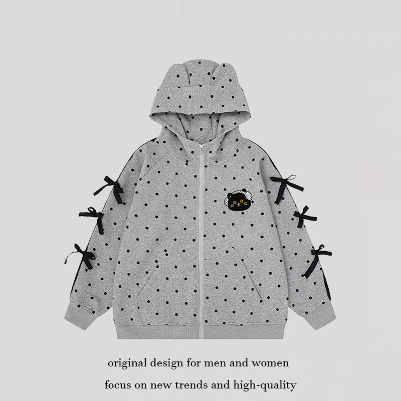 Women's hooded sweatshirt jacket with polka dot all-over, cat patch, bow sleeves and ear hood Amarae