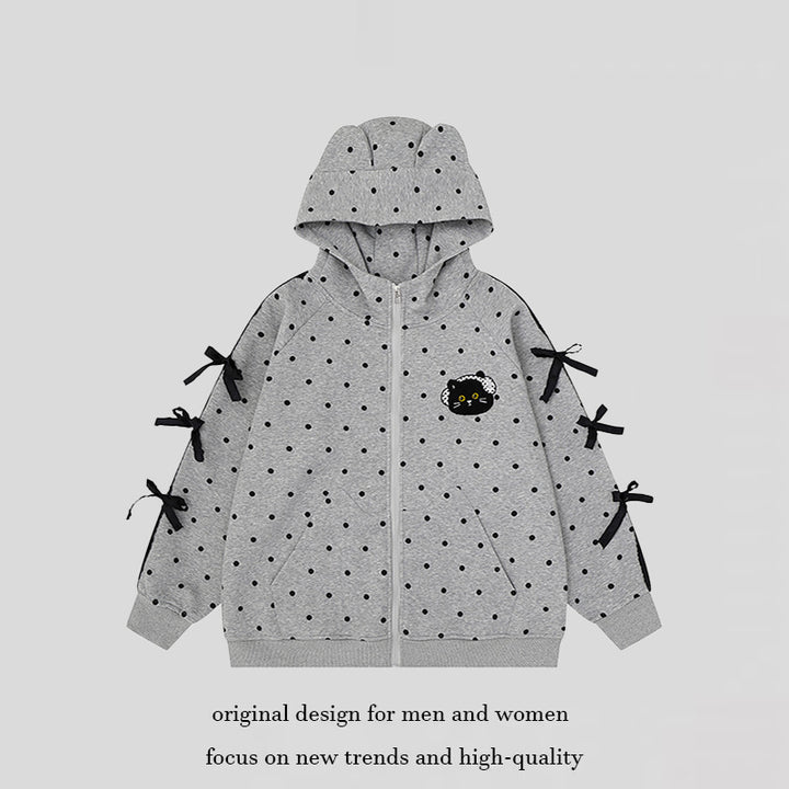 Women's hooded sweatshirt jacket with polka dot all-over, cat patch, bow sleeves and ear hood Amarae