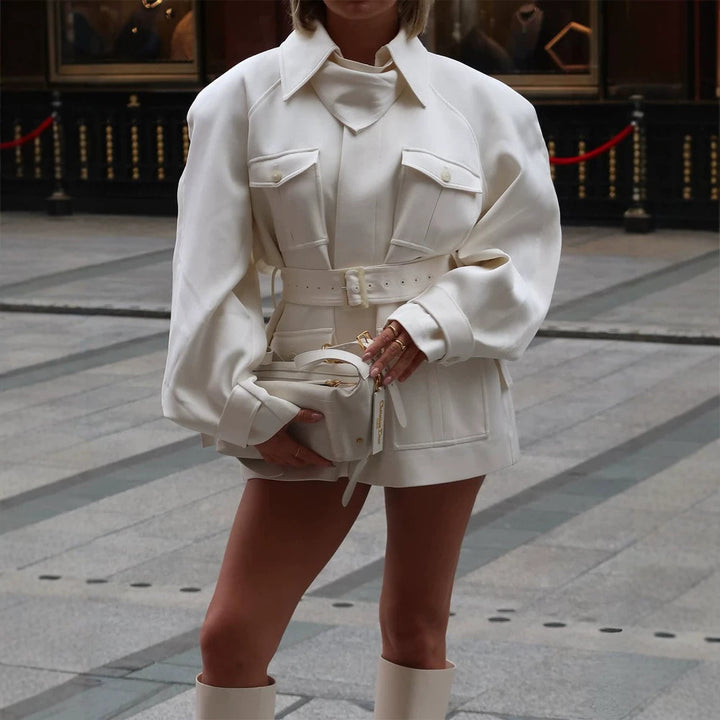 Women’s Short Blouse Dress with Waist Belt and Flap Pockets Amarae