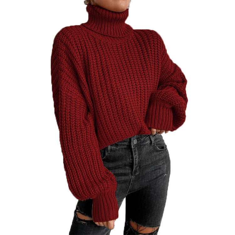 Thick knitted sweater for women with high collar and dropped shoulders Lune London