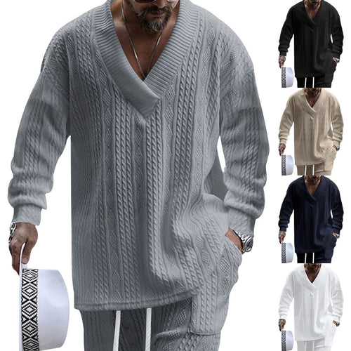 Casual men's sweater with textured cable design and V-neck Amarae