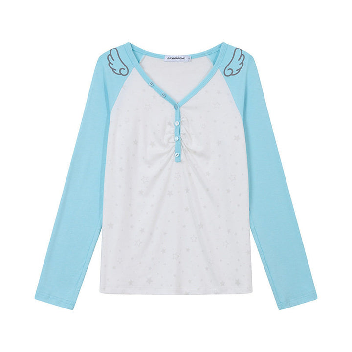 Women's Long Sleeve Henley Shirt with Raglan Sleeves, Gathered and Star Print Amarae