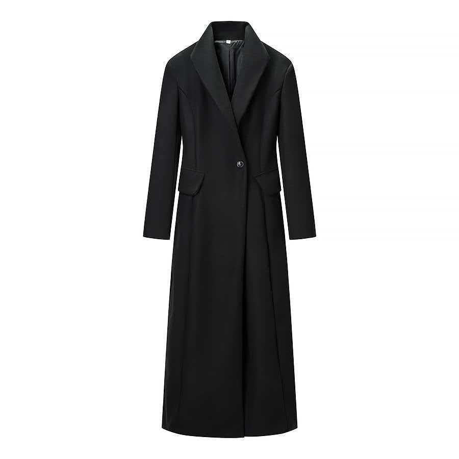 Women Tailored Long Coat with distinctive shoulder pads and asymmetric lapel Amarae
