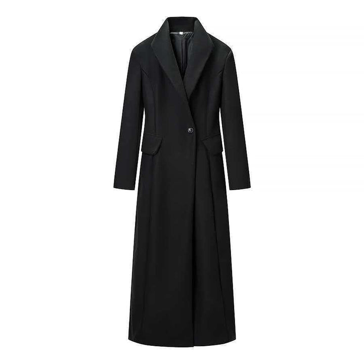 Women Tailored Long Coat with distinctive shoulder pads and asymmetric lapel Amarae