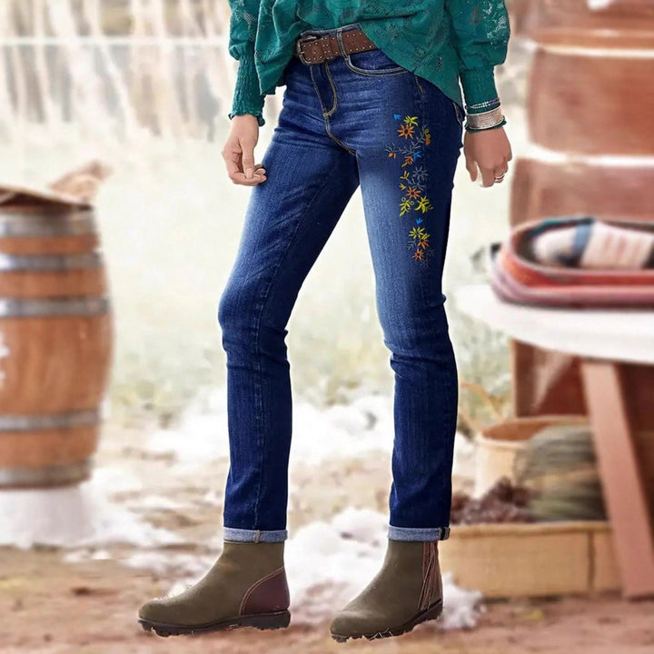 Women High-Waisted Skinny Jeans with Side Flower Embroidery Amarae