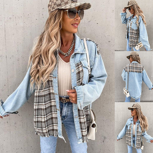Veste en plaid à carreaux pour femmes avec coupe décontractée et tissus contrastants Chic & Stil